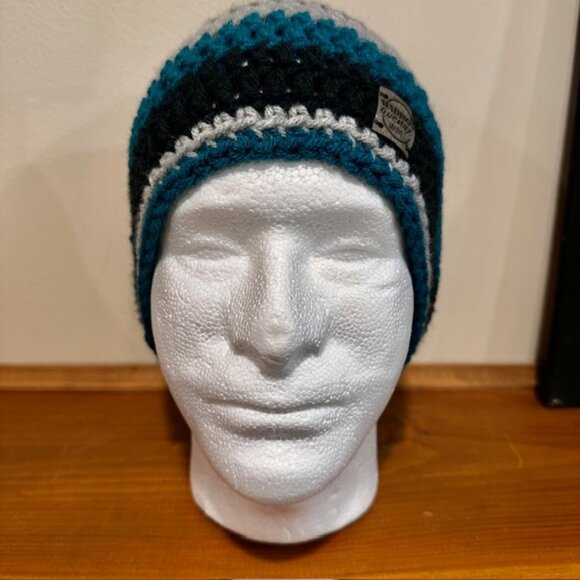 Teal and Black Stripe Hand Knit / Crochet Unisex Winter Beanie NEW - Picture 2 of 6